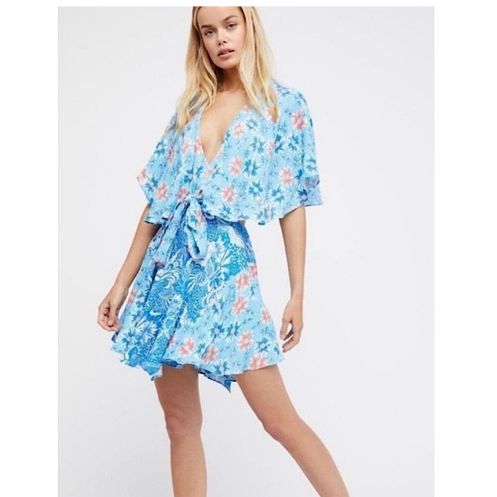 Free People Mini Dress Size xs Dark Star Floral Cutout Blue Orange Party Beachy